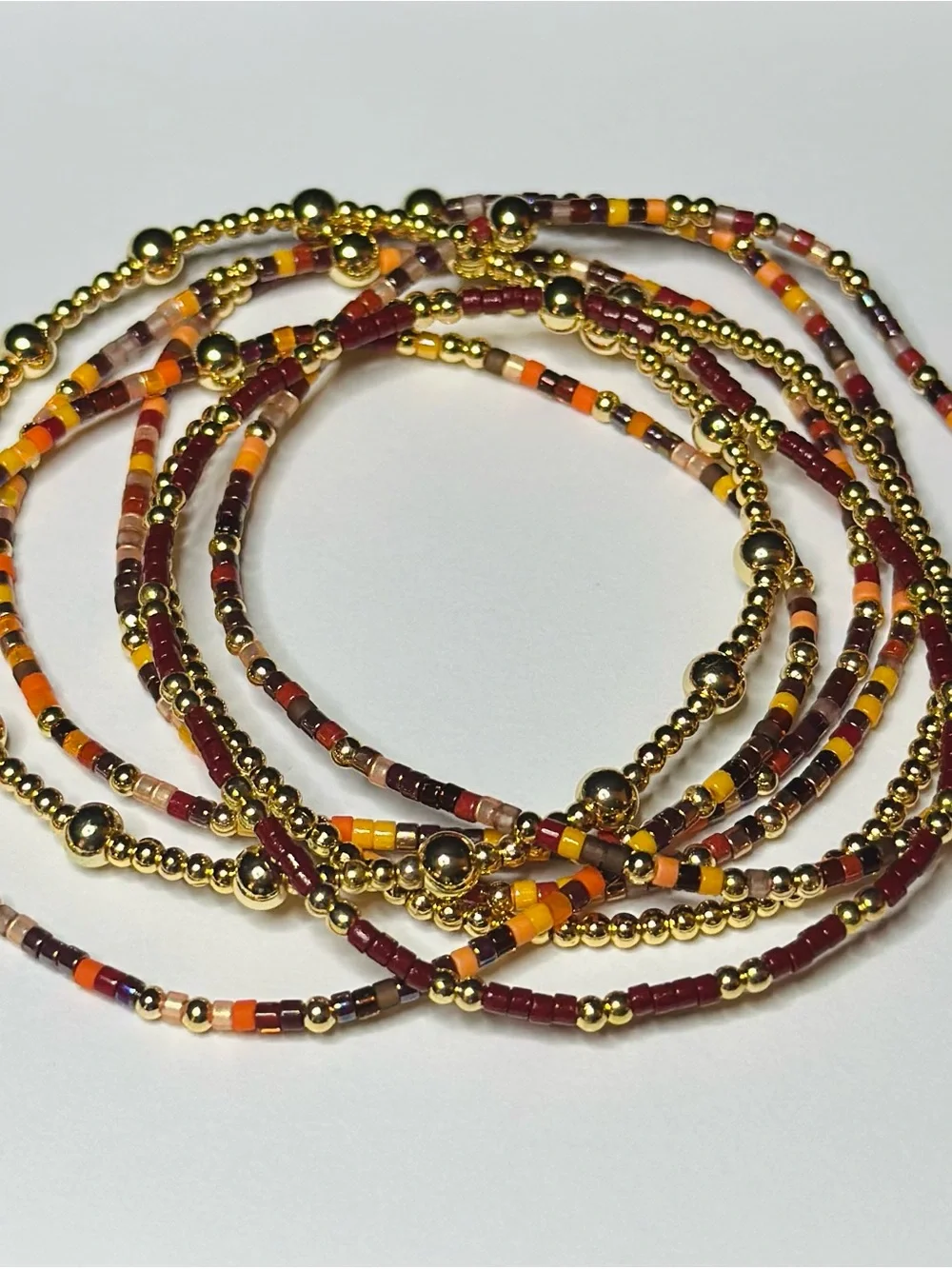 BramFam Beads Gold Filled Fall Colored bracelet set of 5. Size 6.25”